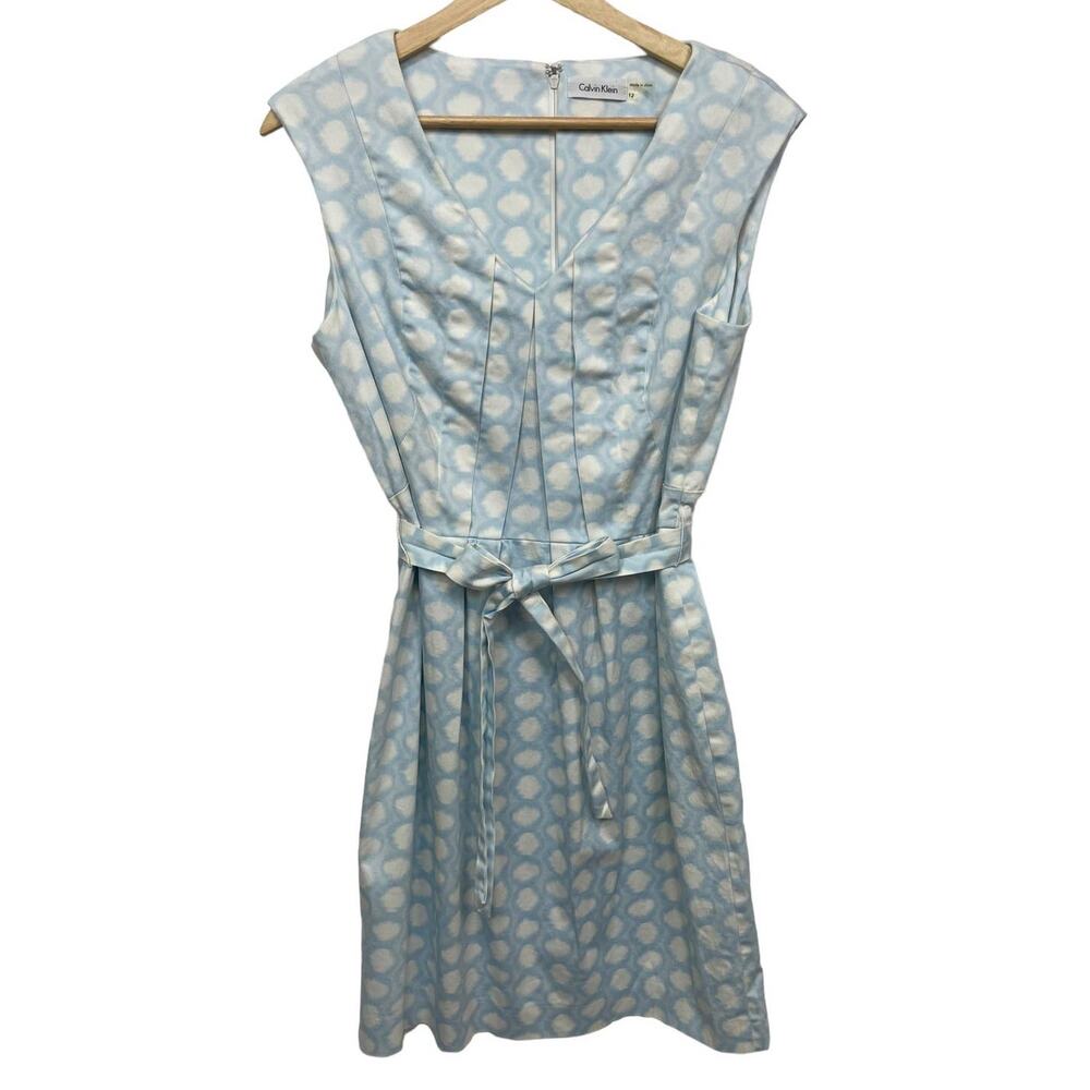 Calvin Klein Light Blue and White Polka Dot Sleeveless Belted Mini Dress